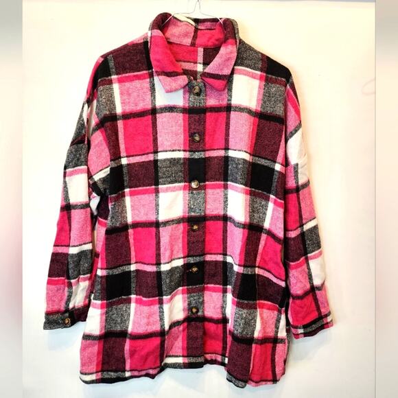 New Pink Black Check Shacket Jacket Plaid Button Down Heavy Weight Size L - Picture 1 of 7